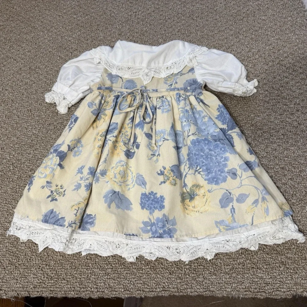 Vintage 80s Jo‎ Lene Baby Toddler Ruffle Collar Floral Dress 2T Made USA *spot